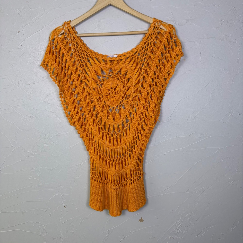 Pink Cadillac Crochet Knit Poncho‎ Top Women XL Orange Boho Festival Hippie